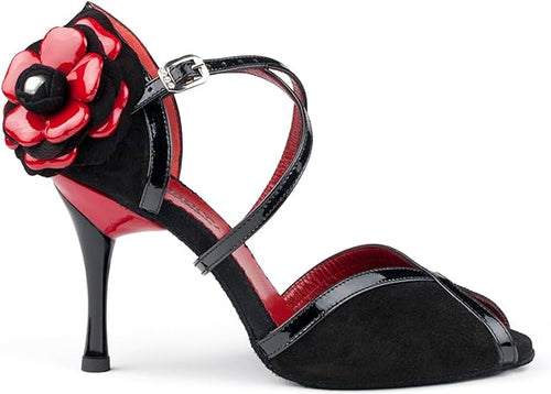 PortDance Ladies Dance Shoes PD501 Tango - Nubuck/Patent Black/Red - 7,5 cm Slim Size 38 Offer