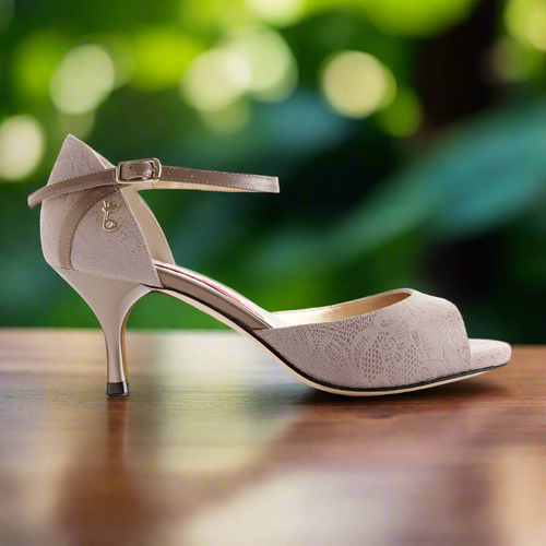 TANGOLERA A8 Camoscio Beige Stampa Fiori, Wide Fit, Heel 6 cm