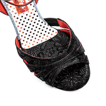 Tangolera D32  Black stampa pizzo, Leather Sole, heel 4 cm, Narrow fit